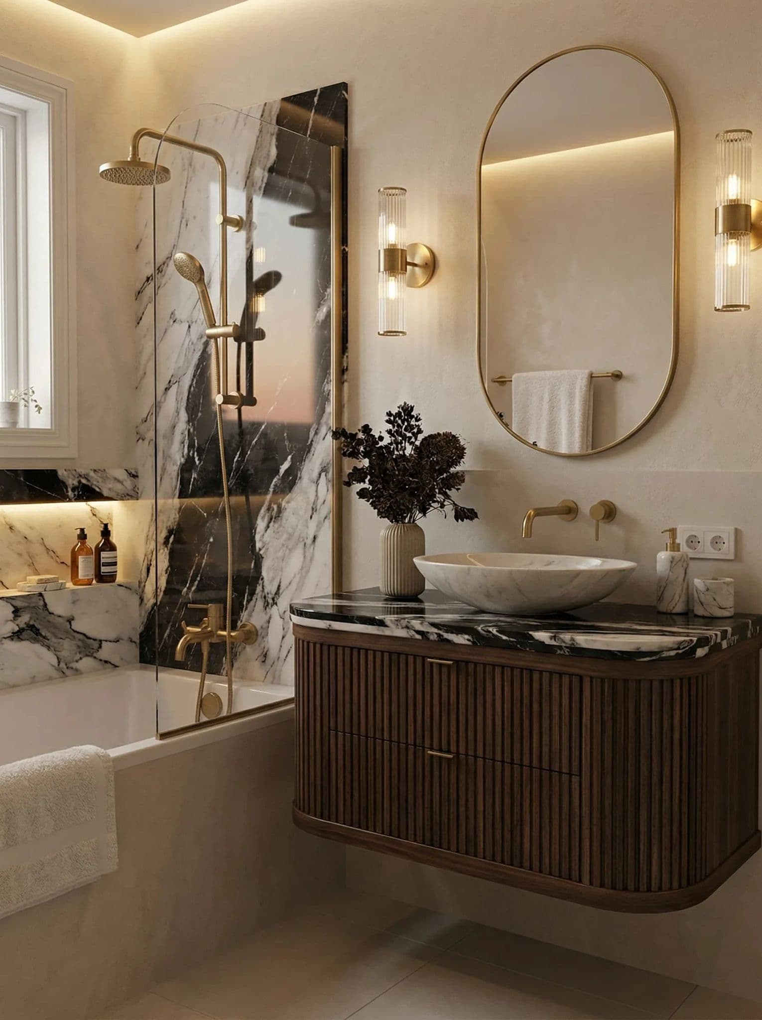 A bathroom interior in marble and brass, with a fluted timber vanity, vessel basin and oval mirror