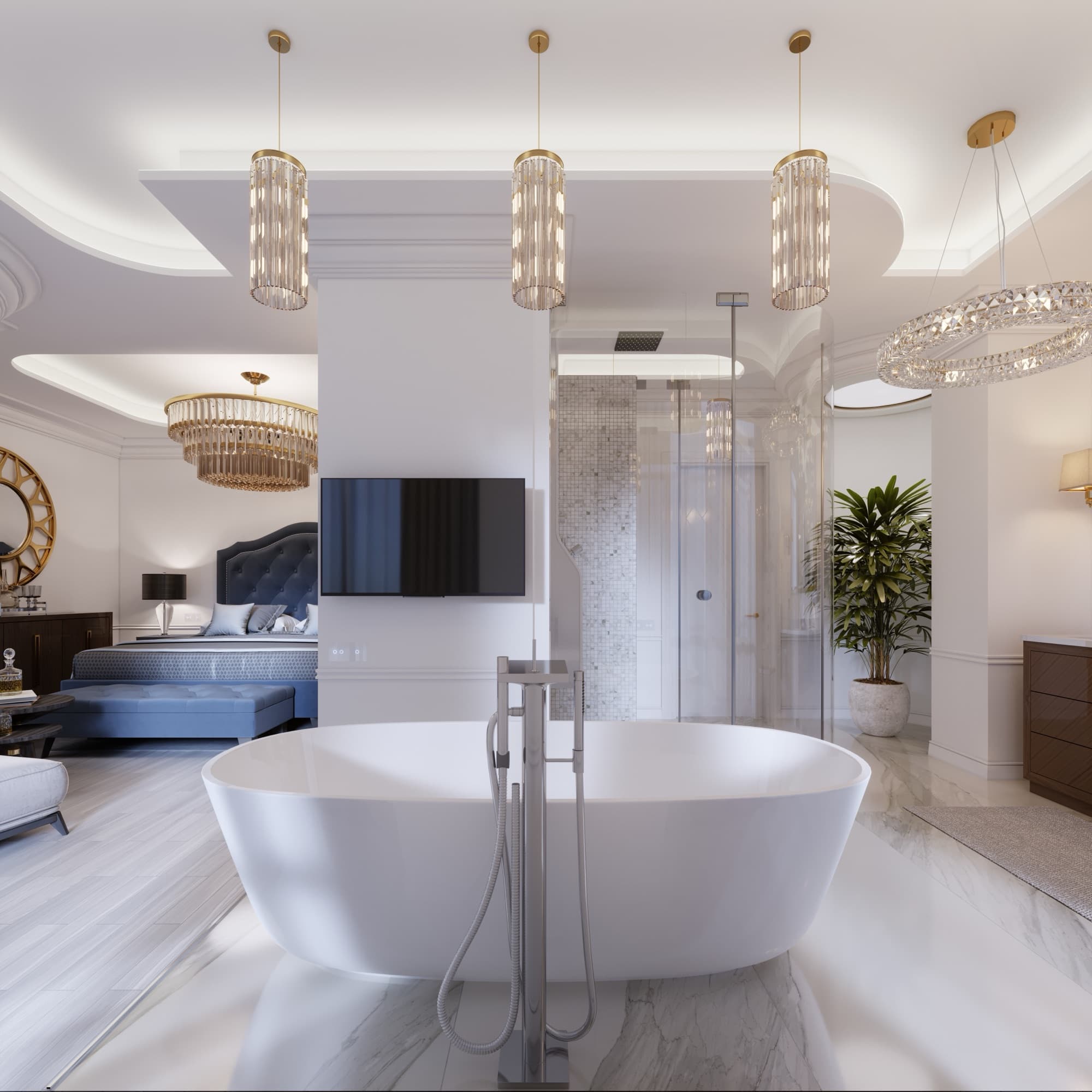 A large open suite with a freestanding bath, walk-in shower and pendant lighting