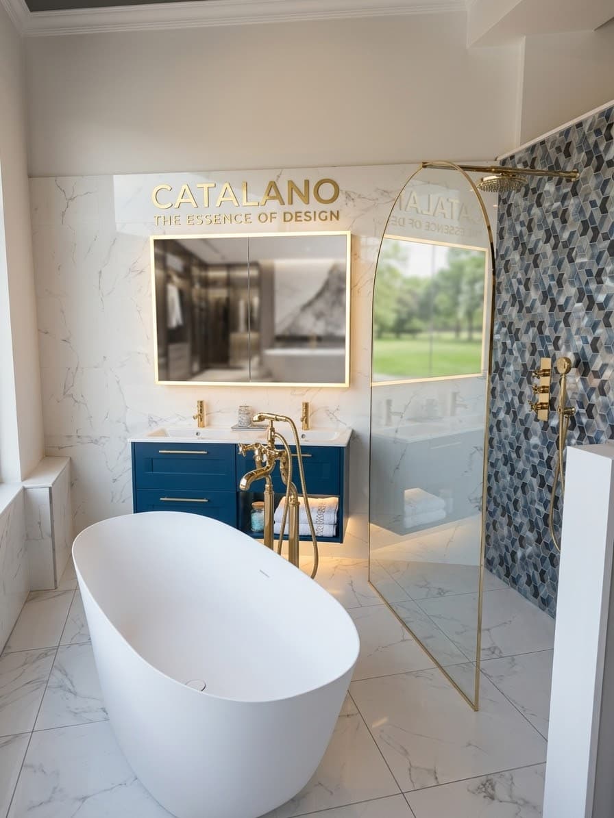 A Catalano display in the showroom: freestanding bath, blue vanity unit and gold brassware beneath an arched shower screen