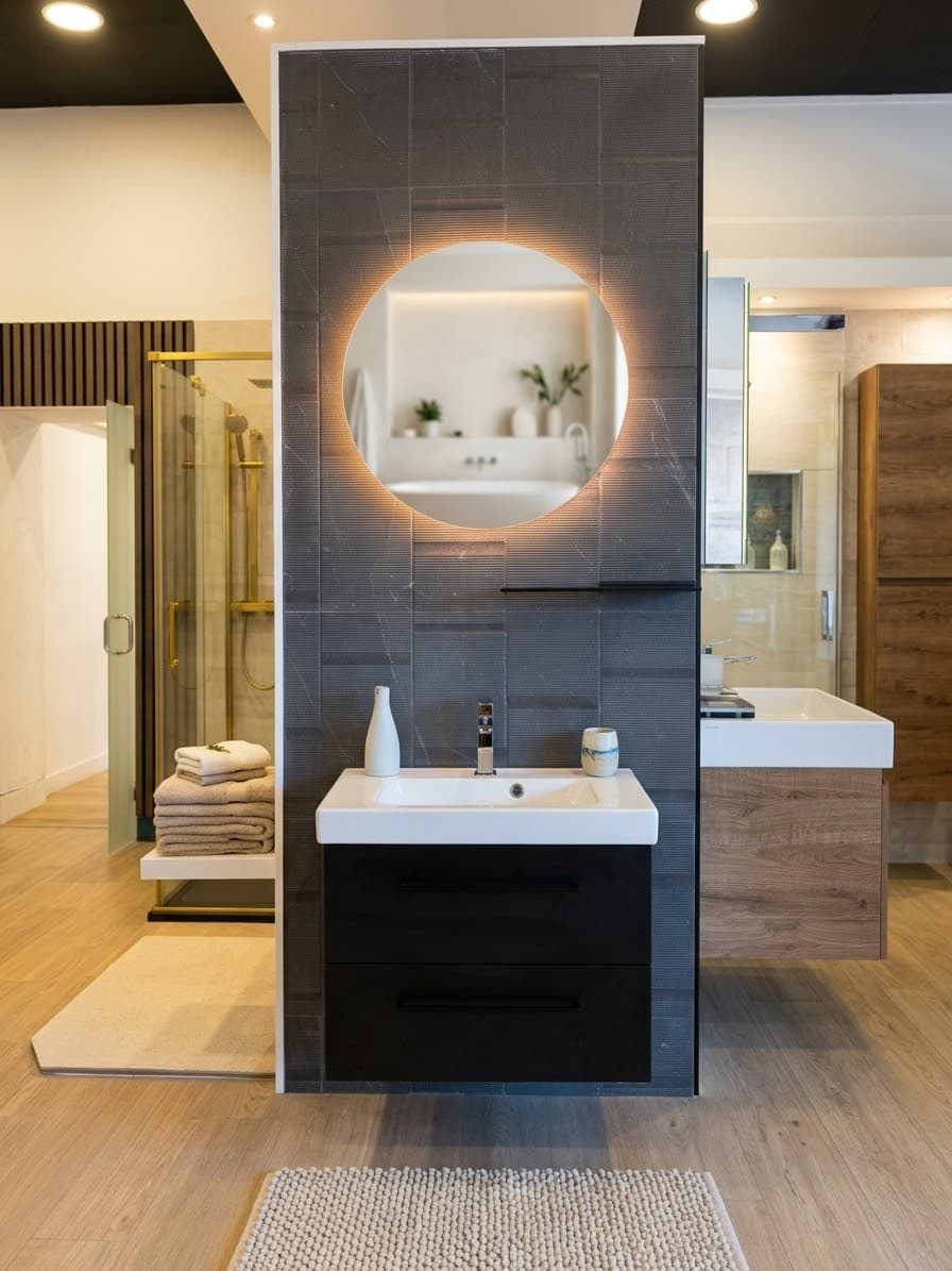 A dark tiled feature wall with a round backlit mirror and black vanity, other room sets visible behind
