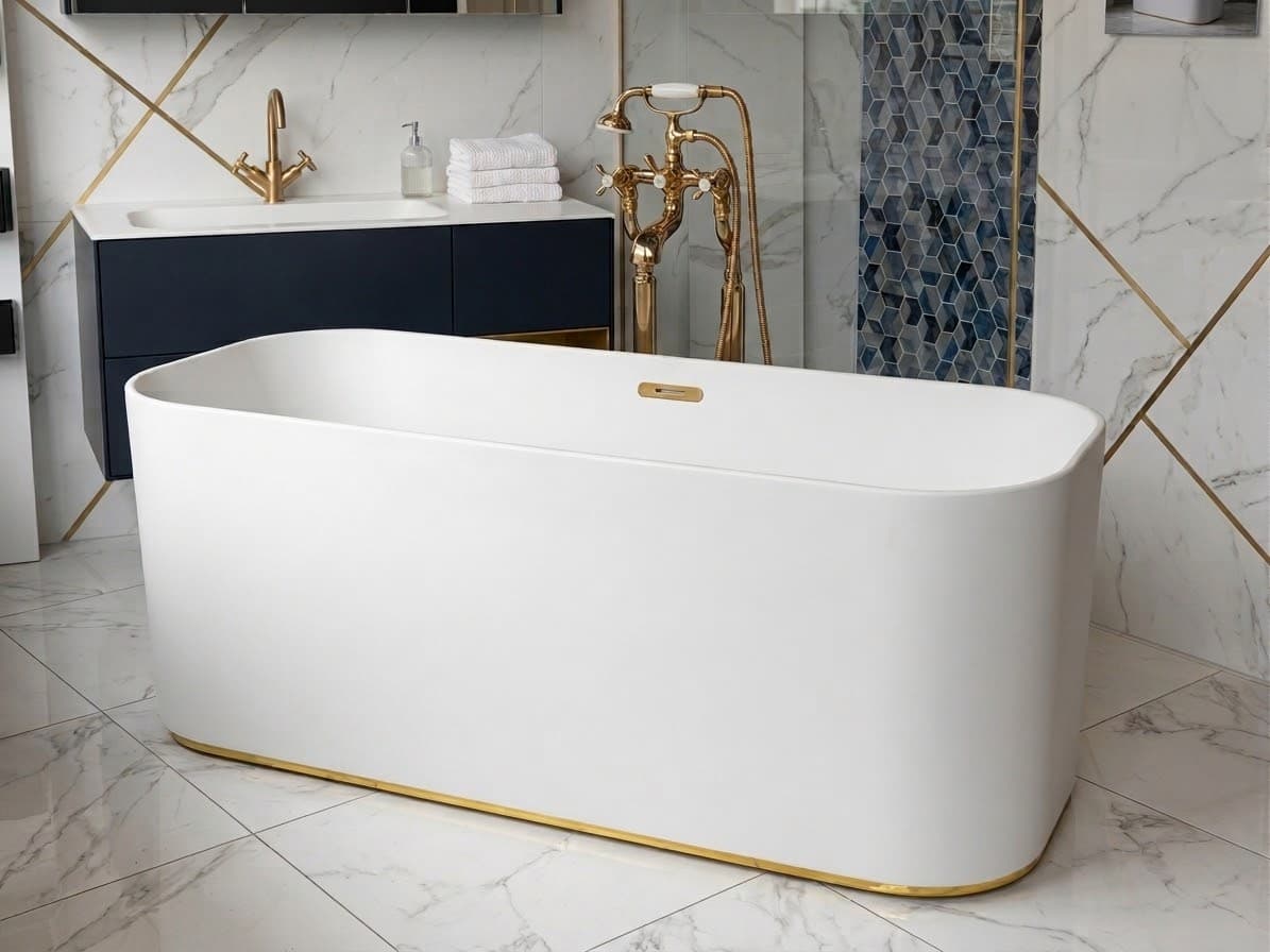 A freestanding white bath with a gold plinth and gold floor-standing bath filler, against marble tiling with a blue mosaic feature panel
