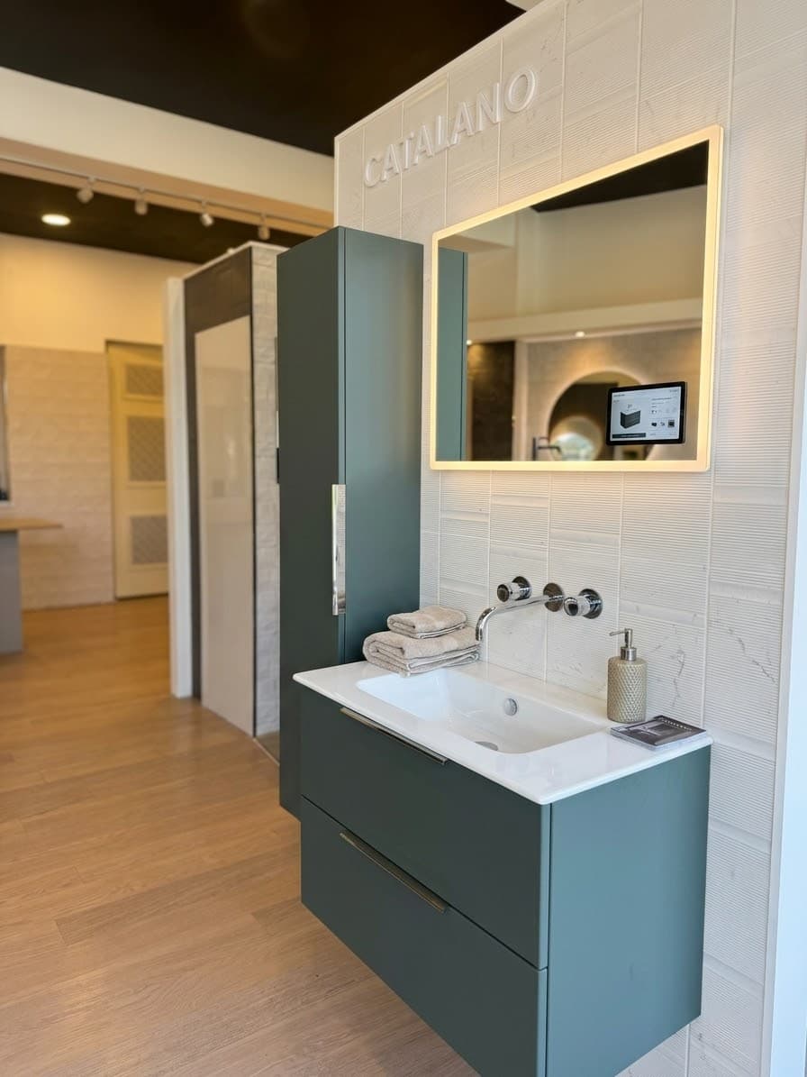 A teal wall-hung vanity and illuminated mirror on a Catalano display wall, with the showroom floor beyond